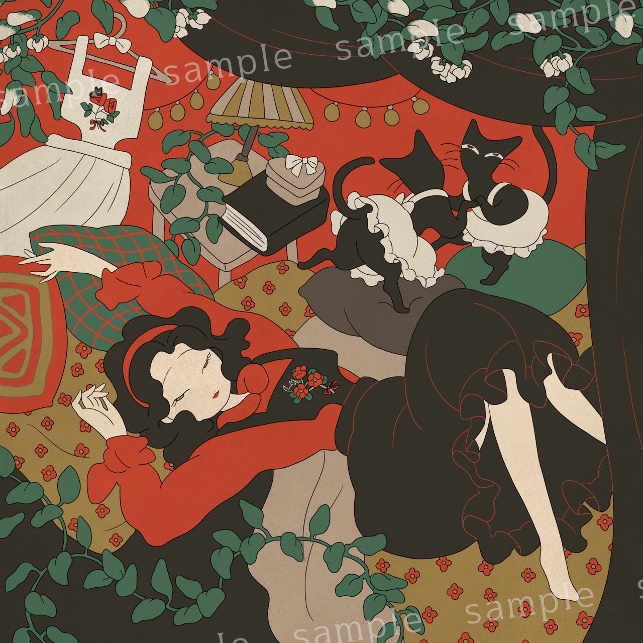 【 預購 】6"Stitches × TASOYA Maro聯名:エプロンの黒猫 吊帶洋裝〈 白色 〉